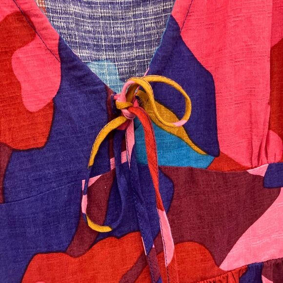 Mister zimi Zuri rayon colorful V-Neck midi dress balloon sleeve size 10 #720 - Picture 11 of 13